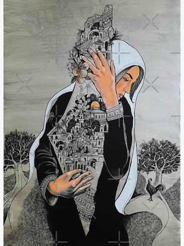An illustration of a Palestinian woman holding Palestine like a mother would a child